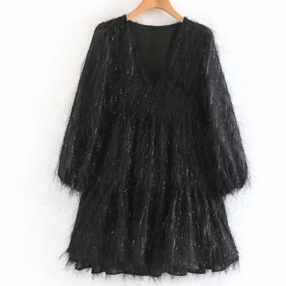Flowy Fringe Black Party Dress